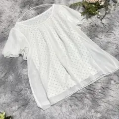 【GLACIER】ホワイト ドット柄 シフォンブラウス 半袖 L 透け感