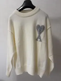 美品AMI PARIS ニット ホワイト ラメハート装飾 男女兼用Sサイズのサムネイル