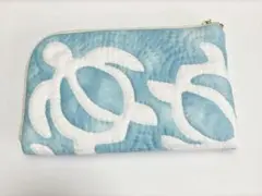 ハワイアンキルト　L字ファスナーポーチ　ホヌ　ブルー