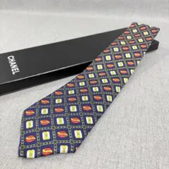 美品 CHANEL シャネル シルク100 総柄 ネクタイ ネイビー イタリア製