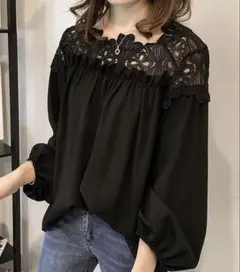 Viale ブラックレースシャツ XL
