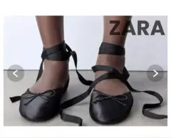 新品タグ無し 37 ZARAレースアップバレエフラットシューズ ブラック