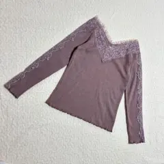 Vネック レース長袖カットソー　リブ編み　F コットン インナー　a1508