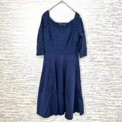 結婚式 二次会 ネイビー レース切替ワンピース S フォーマル　膝丈