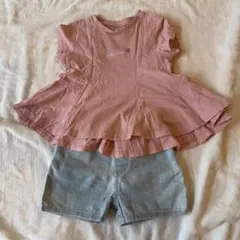 プティマイン　半袖Tシャツ　チュニック　デニムショートパンツ　2点セット　90
