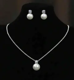 新品 セット 一粒パールイヤリング_シルバー　一粒パールネックレス_シルバー