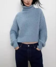 未使用 ZARA オーバーサイズ ハイネック ニット M ライトブルー