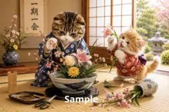 着物姿の猫 生け花 デジタルアート イラスト ポストカード