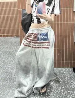 アメリカ国旗プリント グレー スウェットパンツ