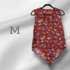 一点限り✨花柄　赤ノースリーブ　シャツ　裾結べる