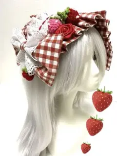 いちご畑レッドギンガムヘッドドレス　♡甘ロリ・カントリーロリータ
