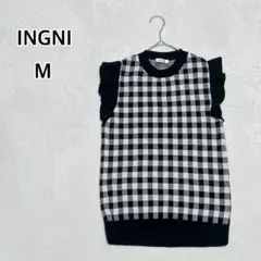 イング 白黒ギンガムチェック ニットベスト ガーリー フェミニン M i5595
