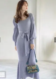 メル様専用 リボンベルト付きスクエアネックニットワンピースブラック