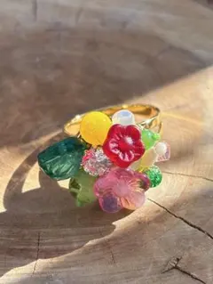 ハンドメイド　ビーズ　リング　指輪 カラフルフラワーリング