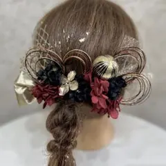 成人式　卒業式　髪飾り　ワインレッドブラック水引飾り和玉