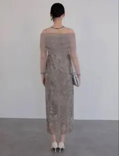 チュールオフショルダー花柄Iラインワンピースドレス結婚式二次会