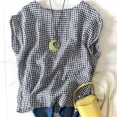 美品 アーバンリサーチドアーズ リネンチェック後釦ブラウス ギンガムチェック 黒