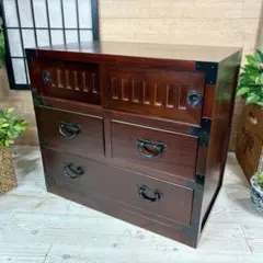 訳あり品！【115】民芸木製桐材天然無垢和箪笥引き戸付き収納家具和タンス飾り棚