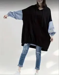 オーバーサイズ フード付き パーカー ブラック/ストライプ青 生地ロンTタイプ