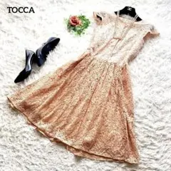 美品✨トッカ　ワンピース　総レース　刺繍　切替　ひざ丈　ピンク×ベージュ　2 M