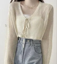 クリーム色 クロップドカーディガン