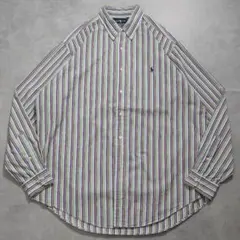 ラルフローレン ストライプシャツ 古着 ポニー 刺繍 L 紫 緑 16259