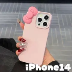 ねこみみ　リボン スマホケース iPhone14 ピンク　かわいい　大きいリボン