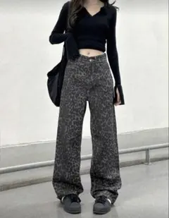 レオパード柄 ヒョウ柄ワイドレッグデニム XS グレー