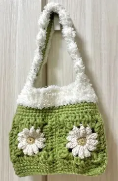 ハンドメイド毛糸ハンドバッグお花モチーフグラニースクエアグリーン