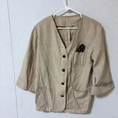 ベージュ ノーカラージャケット 7分袖 古着 カジュアル キレイめ オシャレ