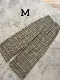 オンオフ使える！グレー系チェック ワイドパンツ　M
