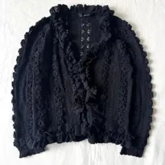 【高級】PINK HOUSE ニット カーディガン 総柄　刺繍　ブラック　バラ