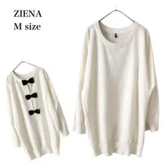 ジエナ/ニット/バックリボン/クルーネック/ロング丈/M/アイボリー/ゆったり