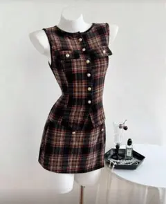 チェック　セットアップ　ミニワンピース　ノースリーブワンピース