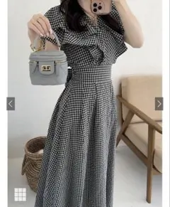 GRL ギンガムチェック柄Vネックフリルフレアワンピース ta050