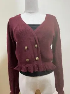 バーガンディ ダブルボタン ニットカーディガン