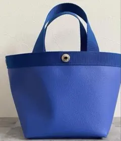 ハンドメイド 舟形トートSブルーダークブラウン裏地ブラックボタンシルバー