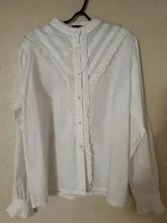 natiam レース装飾 ホワイト 長袖ブラウス