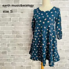 アースミュージック＆エコロジー 花柄 チュニック ワンピース 紺 S B457