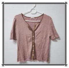 【GU】レディース 半袖ニット ピンク (Ｌ) ボーダー Vネック 春 夏