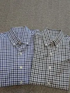 シワになりにくい　青と黒のチェック柄長袖ボタンダウンシャツ古着2枚セット