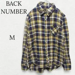 1657【バックナンバー】チェック柄ネルシャツ 長袖 綿 イエロー 紺 Ｍ 古着