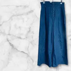 【ジーユー】ウエストギャザー デニムワイドパンツ ブルー Lサイズ
