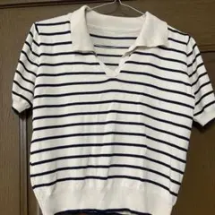 アイボリー ネイビー ストライプ 半袖ニット