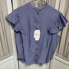 mysa closet☆ストライプフリル袖シャツ☆Ｌサイズ☆ブルー【新品】