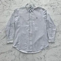 【美品】ポロ ラルフローレン 長袖シャツ ストライプ 白×水色 刺繍ロゴ Ｌ