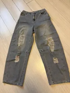 ダメージ加工 グレー デニムパンツ Lサイズ