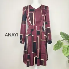 ANAYI アナイ 38 M ワンピース 長袖 総柄 フレア 幾何学 赤 ひざ丈