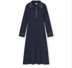 GU長袖ポロニットワンピース　バイカラー　XL ネイビー