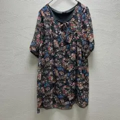 美品✨PQ 花柄 チュニック 五分袖 リボン付き✨Mサイズ✨裏地付き
